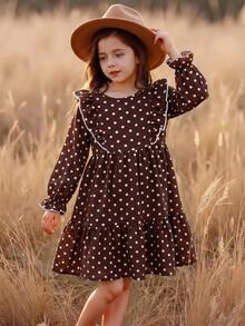 Emery Rose Kids Emery Rose Kids Tween女孩雙胞胎女孩法式風格燈芯絨洋裝，寬鬆休閒版型，格紋圖案，荷葉邊飾邊與荷葉袖設計，長袖，適合秋冬（也適合其他季節） - 棕色 - 查看 5