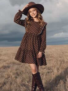 Emery Rose Kids Emery Rose Kids Tween女孩雙胞胎女孩法式風格燈芯絨洋裝，寬鬆休閒版型，格紋圖案，荷葉邊飾邊與荷葉袖設計，長袖，適合秋冬（也適合其他季節） - 棕色 - 查看 3