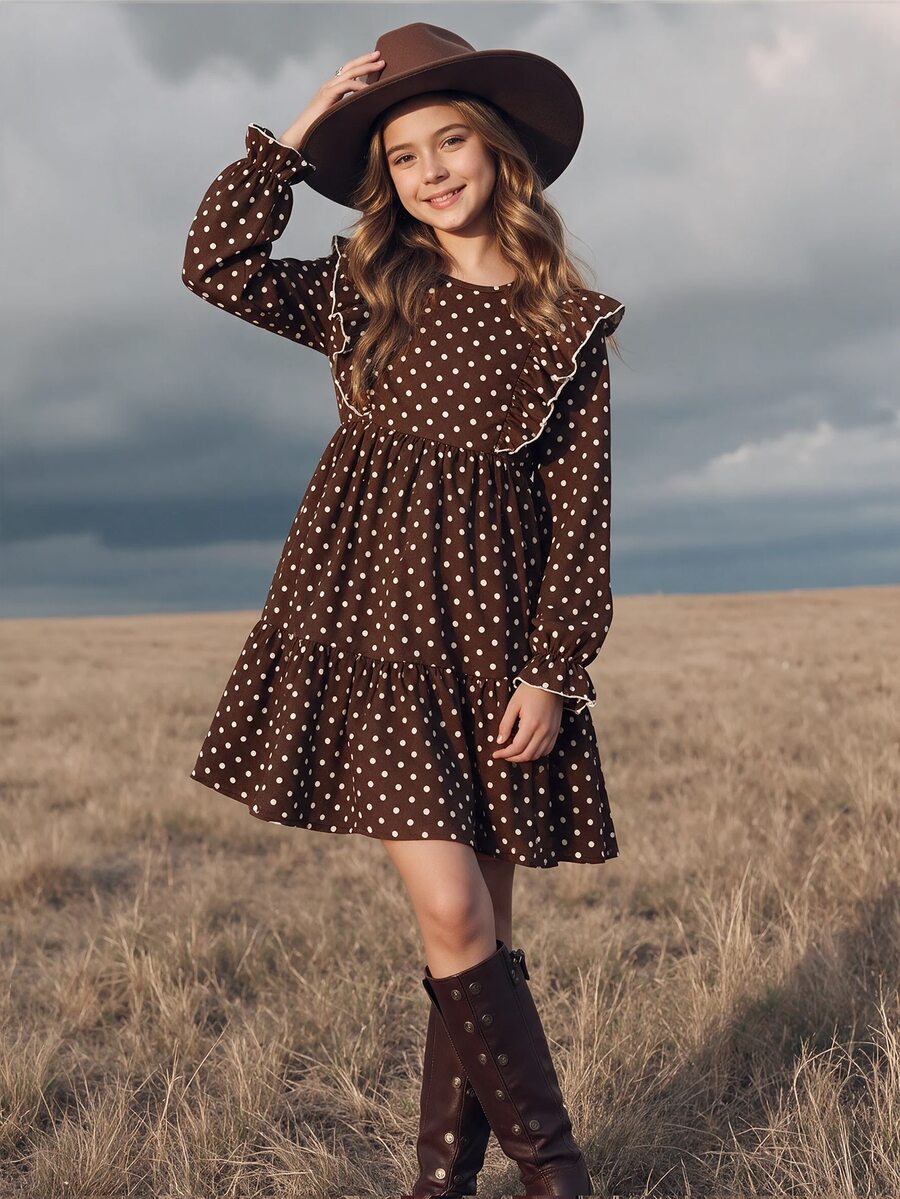 SHEIN فستان توأم للفتيات المراهقات بأسلوب فرنسي من المخمل المضلع بقصة فضفاضة وكاجوال، بنقشة مربعات، مع حافة مكشكشة وتصميم أكمام مكشكشة، أكمام طويلة، مناسب للخريف/الشتاء (مناسب أيضًا للفصول الأخرى)