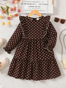 Emery Rose Kids Emery Rose Kids Tween女孩雙胞胎女孩法式風格燈芯絨洋裝，寬鬆休閒版型，格紋圖案，荷葉邊飾邊與荷葉袖設計，長袖，適合秋冬（也適合其他季節） - 棕色 - 查看 6