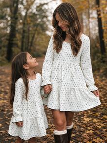 SHEIN Kids Young Girl Polka Dot Print Round Neck Long Sleeve Casual Dress - Black and White - View 5