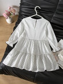 SHEIN Kids Young Girl Polka Dot Print Round Neck Long Sleeve Casual Dress - Black and White - View 7
