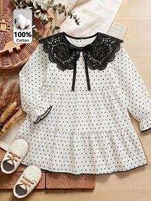 SHEIN Kids Young Girl Polka Dot Print Round Neck Long Sleeve Casual Dress - Black and White - View 2
