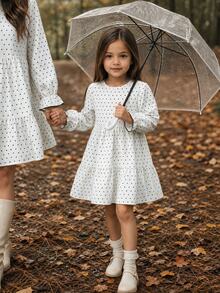 SHEIN Kids Young Girl Polka Dot Print Round Neck Long Sleeve Casual Dress - Black and White - View 4