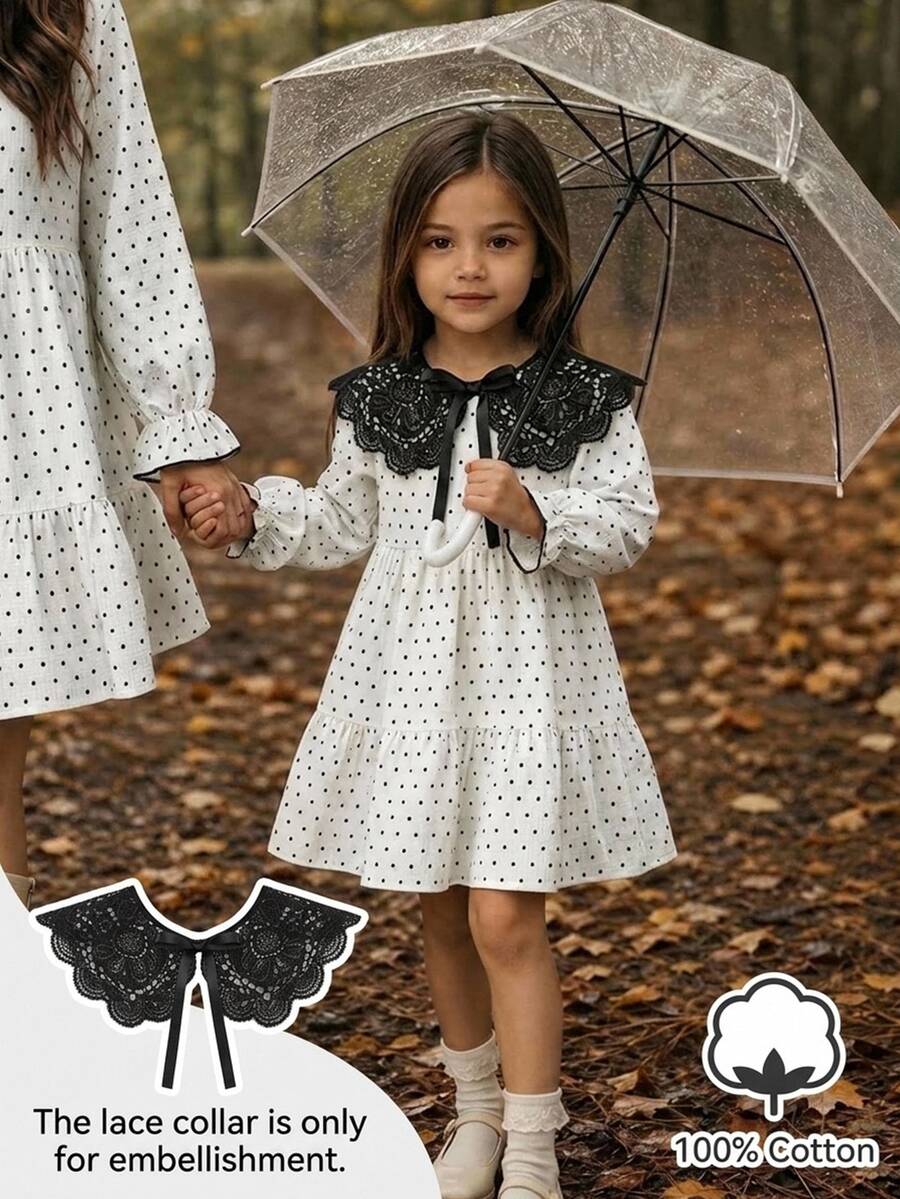SHEIN Kids Young Girl Polka Dot Print Round Neck Long Sleeve Casual Dress - Black and White - View 1