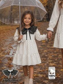 SHEIN Kids Young Girl Polka Dot Print Round Neck Long Sleeve Casual Dress - Black and White - View 3