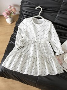 SHEIN Kids Young Girl Polka Dot Print Round Neck Long Sleeve Casual Dress - Black and White - View 6