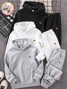 SHEIN 3件組 青少年男孩秋冬休閒百搭保暖內裡鬆緊腰運動長褲 兒童慢跑褲 男孩慢跑褲 百搭多件組 - 彩色 - 查看 5
