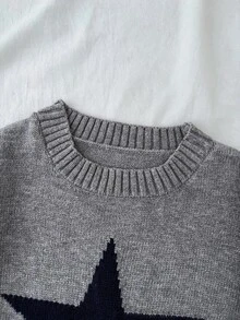 SHEIN Sweater Pullover Jacquard Bintang Leher Bulat untuk Anak Perempuan Remaja, Pakaian Rajut Bahu Longgar Musim Gugur - Light Grey - View 5