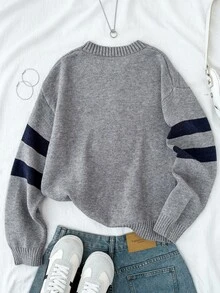 SHEIN Sweater Pullover Jacquard Bintang Leher Bulat untuk Anak Perempuan Remaja, Pakaian Rajut Bahu Longgar Musim Gugur - Light Grey - View 2