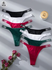 SHEIN 8条/套 奢华水钻装饰女士舒适浪漫丁字裤，多色 - 彩色 - 查看 4