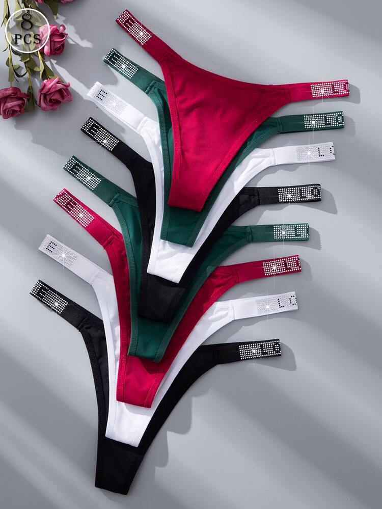 SHEIN 8pcs/Set Luxury Rhinestone Decorated Women's Comfortable & Romantic Thong Panties, Multicolor - Multicolor - View 2