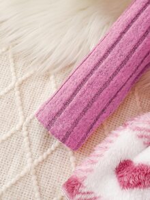 Baby Girl 3Pcs Heart Plaid Sherpa Fleece Belted Coat Set, Ribbed Knit Top & Leggings Fall Winter Warm Outfit - Pink - View 4