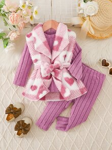 Baby Girl 3Pcs Heart Plaid Sherpa Fleece Belted Coat Set, Ribbed Knit Top & Leggings Fall Winter Warm Outfit - Pink - View 1