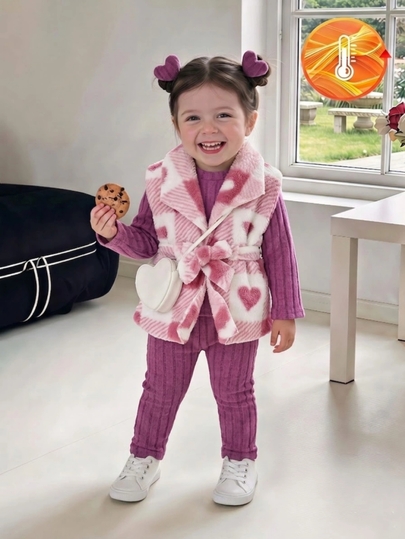 Baby Girl 3Pcs Heart Plaid Sherpa Fleece Belted Coat Set, Ribbed Knit Top & Leggings Fall Winter Warm Outfit