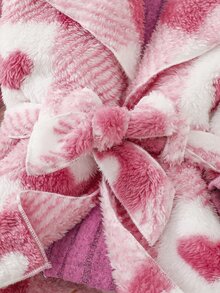 Baby Girl 3Pcs Heart Plaid Sherpa Fleece Belted Coat Set, Ribbed Knit Top & Leggings Fall Winter Warm Outfit - Pink - View 6