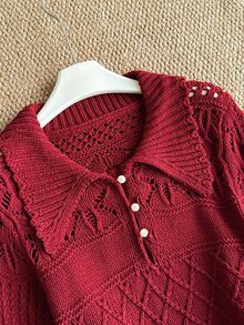 Grovea Women's Collared Pearl Button Hollow Knit Sweater, Long Sleeve Mesh Plus Size Pullover Top, Vintage 1920s Red Base Layer Morning Formal Autumn Winter - Burgundy - View 3