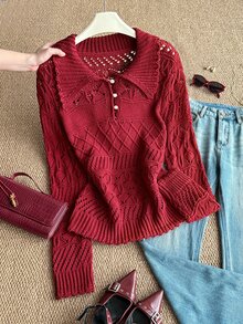Grovea Women's Collared Pearl Button Hollow Knit Sweater, Long Sleeve Mesh Plus Size Pullover Top, Vintage 1920s Red Base Layer Morning Formal Autumn Winter - Burgundy - View 4