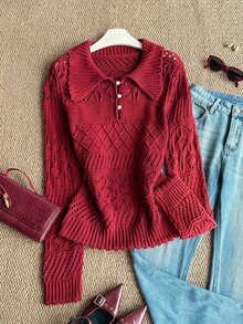 Grovea Women's Collared Pearl Button Hollow Knit Sweater, Long Sleeve Mesh Plus Size Pullover Top, Vintage 1920s Red Base Layer Morning Formal Autumn Winter - Burgundy - View 1