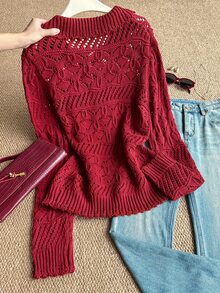 Grovea Women's Collared Pearl Button Hollow Knit Sweater, Long Sleeve Mesh Plus Size Pullover Top, Vintage 1920s Red Base Layer Morning Formal Autumn Winter - Burgundy - View 2