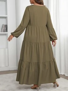 Vionelle Plus Size Women's Spring Summer Solid Round Neck Lantern Sleeve Ruffle Hem Loose Casual Dress Maxi Women Outfit Fall - Olive Green - View 2