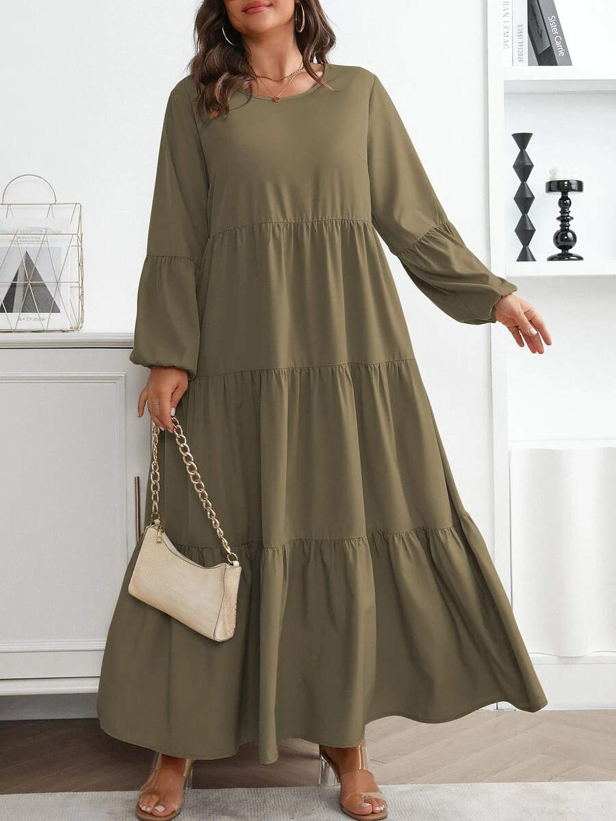 Vionelle Plus Size Women's Spring Summer Solid Round Neck Lantern Sleeve Ruffle Hem Loose Casual Dress Maxi Women Outfit Fall - Olive Green - View 1