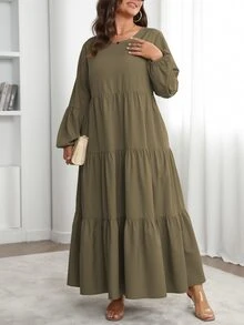 Vionelle Plus Size Women's Spring Summer Solid Round Neck Lantern Sleeve Ruffle Hem Loose Casual Dress Maxi Women Outfit Fall - Olive Green - View 4