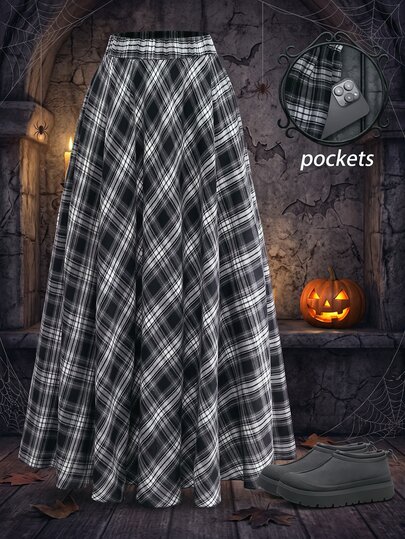 Sweetra Women's Plus Size Elastic Waist Full Skirt Plaid Pattern Woven Fabric Commuter Elegant Casual 90s Versatile Long Skirt Teacher Black And White Autumn