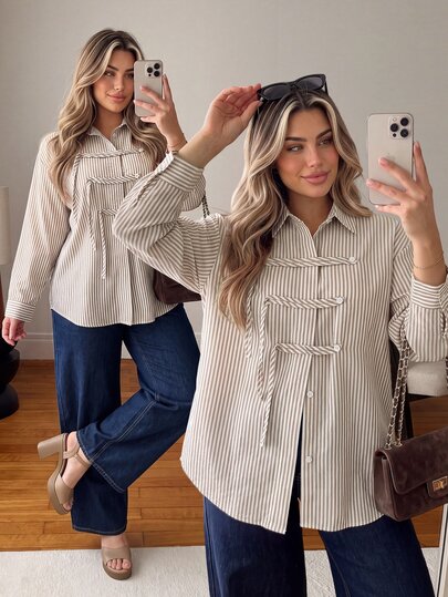 Vionelle Women's Spring/Autumn All Cotton French Elegant Sophisticated Office Commute Casual Vacation Romantic High-End Beach Party Afternoon Tea Lazy Loose Minimalist Cute Sexy Old Money Style Shirt Collar Front Hidden Placket Button Decor Long Sleeve Coffee Color Striped Blouse Top
