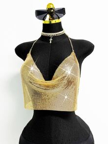 SHEIN DivaQ Draped Collar Chain Detail Backless Crop Metallic Halter Top For New Year Holiday Party - Gold - View 7