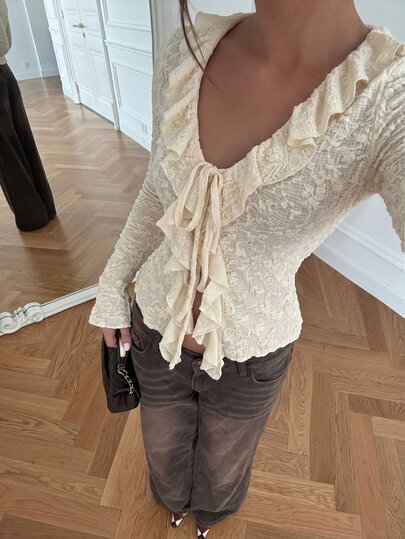 Glamine Ruffle Trim Tie Front Lace Lightweight Jacket