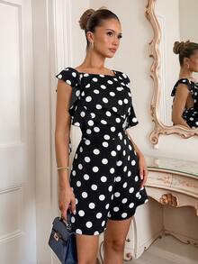 Glamine Charm Women's Vintage 70s Elegant Black And White Polka Dot Backless Casual Daily Wear Party Vacation Romper Ruffle Sleeve Romper Summer - Black and White - View 4