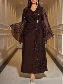 Reflora Plus Size Women's Patchwork Sequin Mesh Flare Sleeve Elegant Casual Dress Autumn Wedding Formal Christening Guest Black - Apricot - View 10