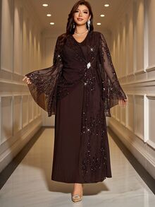 Reflora Plus Size Women's Patchwork Sequin Mesh Flare Sleeve Elegant Casual Dress Autumn Wedding Formal Christening Guest Black - Apricot - View 11