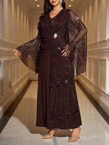 Reflora Plus Size Women's Patchwork Sequin Mesh Flare Sleeve Elegant Casual Dress Autumn Wedding Formal Christening Guest Black - Apricot - View 7