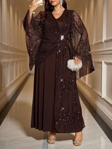 Reflora Plus Size Women's Patchwork Sequin Mesh Flare Sleeve Elegant Casual Dress Autumn Wedding Formal Christening Guest Black - Apricot - View 5