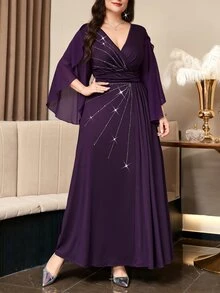 Reflora Plus Size Women's Elegant Casual Dress With Overlap V-Neck, Bell Sleeves And Ruched Waist Wedding Christening Guest Formal Brunch Dinner - Purple - View 9