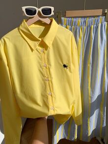 Comfortcana Horse Embroidery Shirt & Striped Print Pants - Yellow - View 8