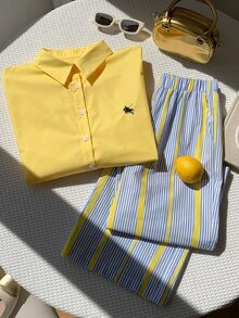 Comfortcana Horse Embroidery Shirt & Striped Print Pants - Yellow - View 4