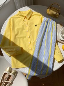 Comfortcana Horse Embroidery Shirt & Striped Print Pants - Yellow - View 2