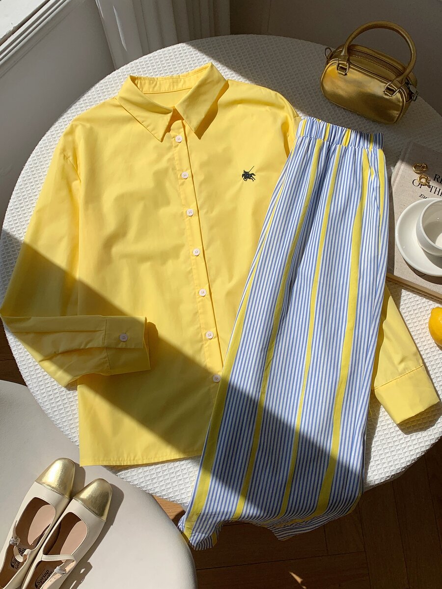 Comfortcana Horse Embroidery Shirt & Striped Print Pants