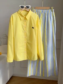 Comfortcana Horse Embroidery Shirt & Striped Print Pants - Yellow - View 7