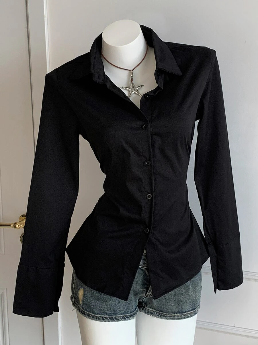 MainGRL Black Casual Waist Cinched Shirt With Folds For Women,Long Sleeve Tops