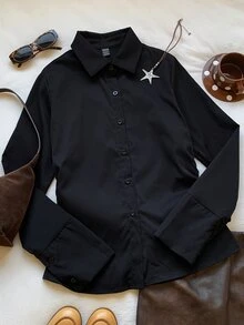 MainGRL Black Casual Waist Cinched Shirt With Folds For Women,Long Sleeve Tops - Black - View 5