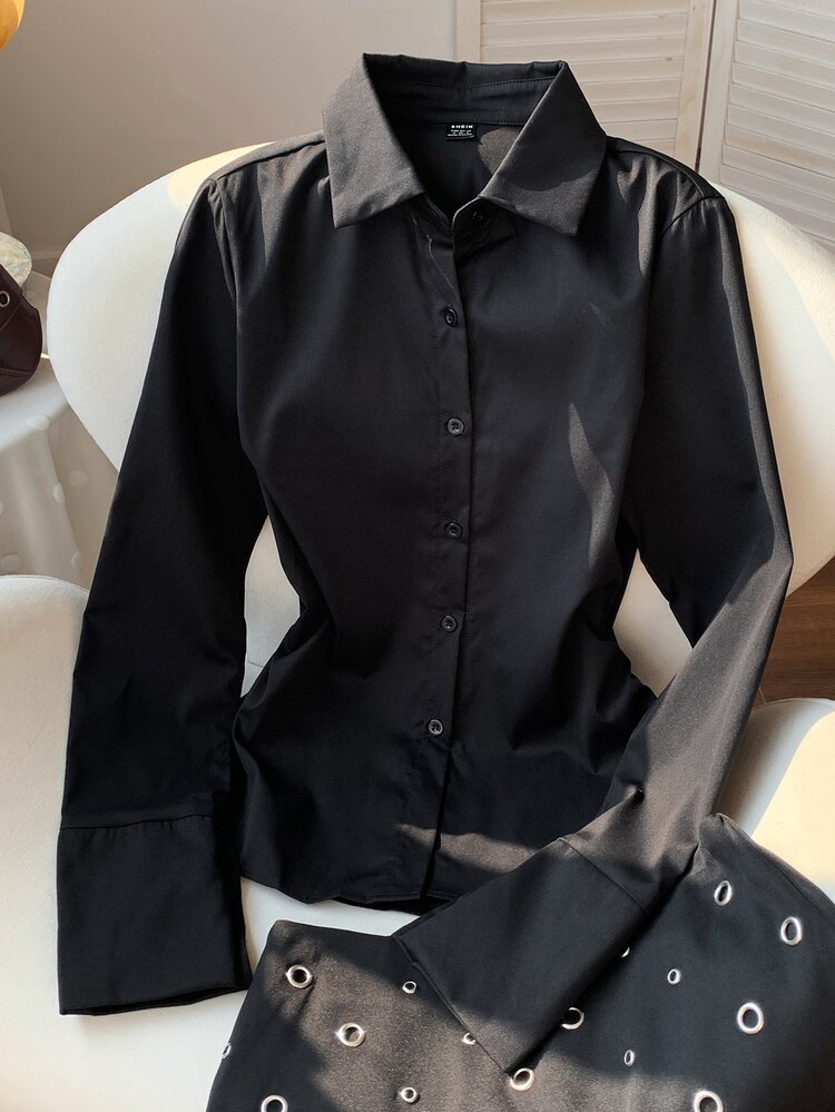 MainGRL Black Casual Waist Cinched Shirt With Folds For Women,Long Sleeve Tops - Black - View 5