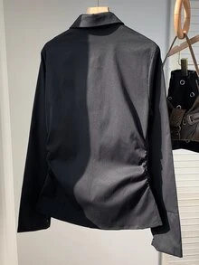 MainGRL Black Casual Waist Cinched Shirt With Folds For Women,Long Sleeve Tops - Black - View 7