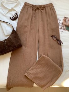 Comfortcana Women's Solid Color Tie Waist Straight Leg Textured Loose Pants - Brown - View 5
