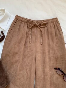 Comfortcana Women's Solid Color Tie Waist Straight Leg Textured Loose Pants - Brown - View 8
