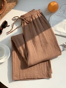 Comfortcana Women's Solid Color Tie Waist Straight Leg Textured Loose Pants - Brown - View 4