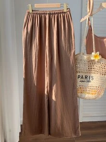 Comfortcana Women's Solid Color Tie Waist Straight Leg Textured Loose Pants - Brown - View 3